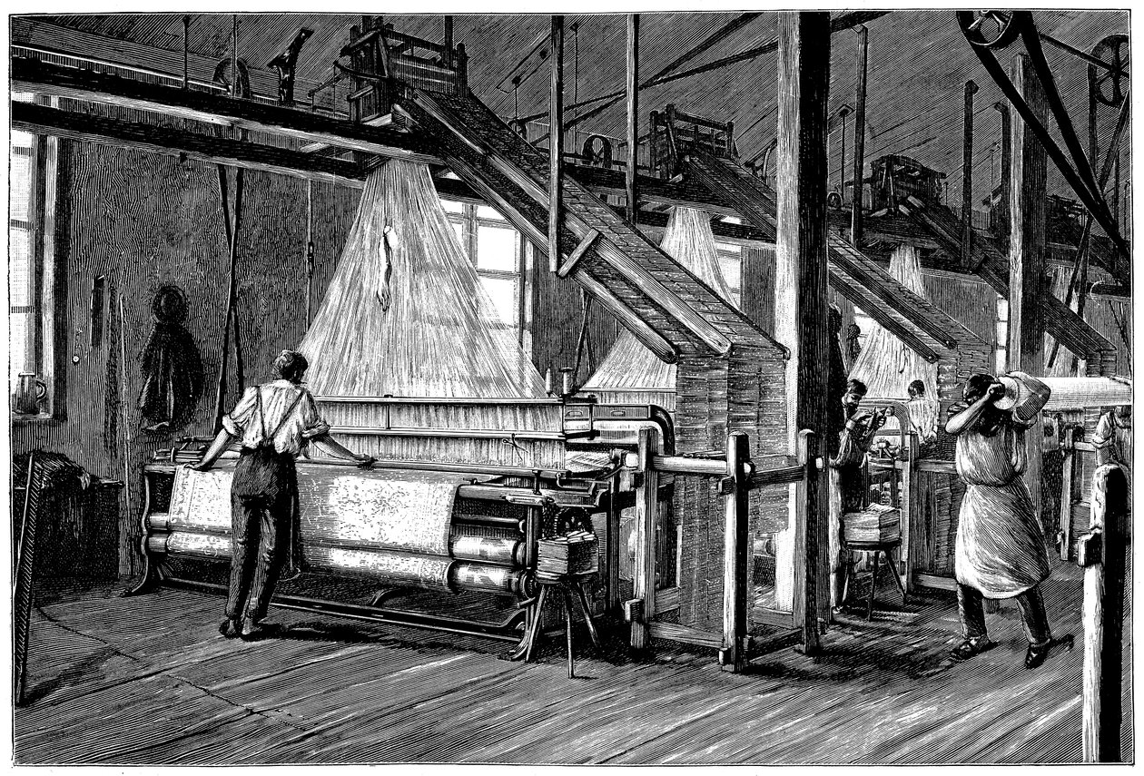 Dessin d'un atelier de tissage équipé de métiers Jacquard, vers 1880